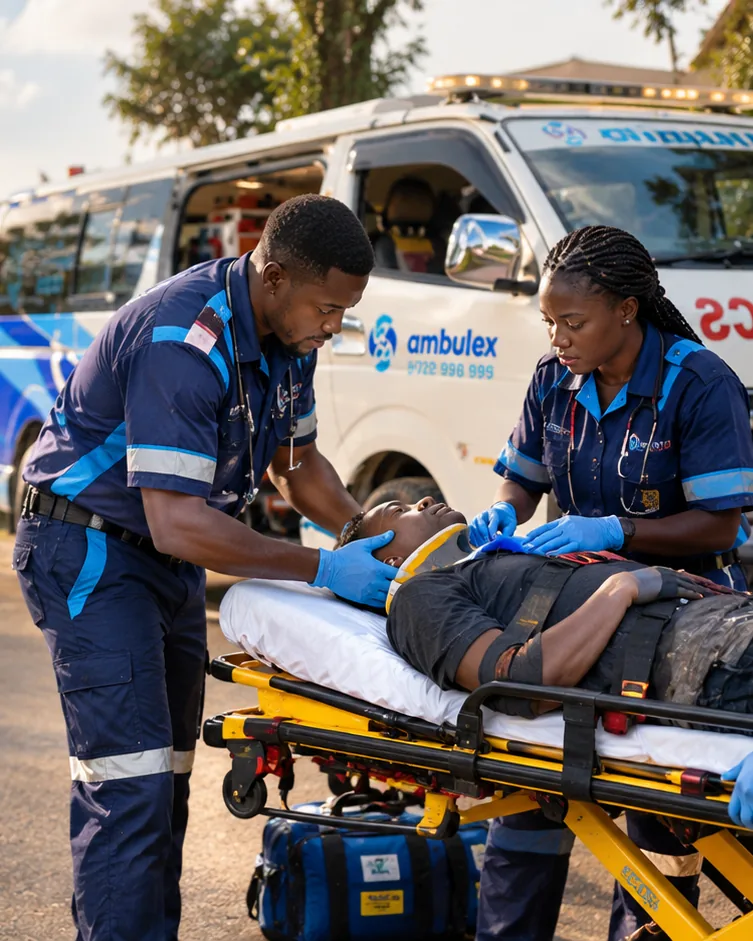 Ambulex paramedics placing an injured man on a stretcher beside an ambulance