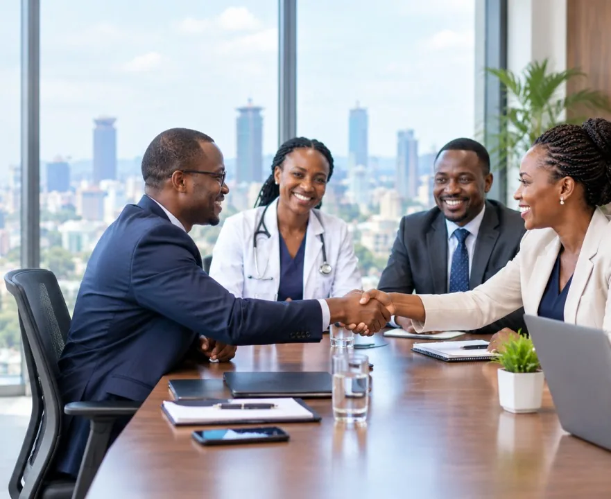 Partners shaking hands at a meeting table